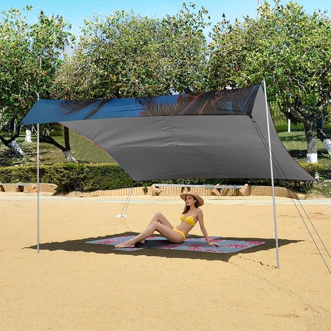 ALAZA Sunset Beach Summer Beach Tent Sun Shelter UPF50+ Protection Beach Shade Canopy w/ 4 Sandbags for Outdoor Camping Fishing Backyard Fun Picnic 10x9 ft