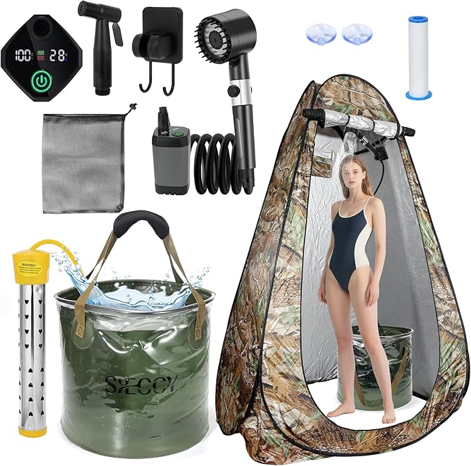 Portable Shower with Heater &amp Tent – 6.6 Gallon Foldable Bucket 1500W Auto-Off Heater 6000mAh Rechargeable Portable Camping Shower Pump Digital Temp &amp Power Display for Hiking &amp Beach