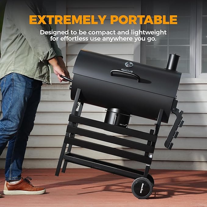 MASTER COOK Barrel Charcoal Grill with Foldable Front Shelf 686 Sq.in. Cooking Area Outdoor bbq GrillThermometer and Adjustable Air Vents for Patio PartiesBackyard Tailgating Black