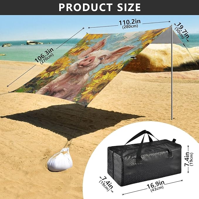ALAZA Funny Pig Piglet Sunflower Summer Beach Tent Sun Shelter Portable Canopy Sunshade for Outdoor Camping Picnics Backyard Fun 10x9 ft