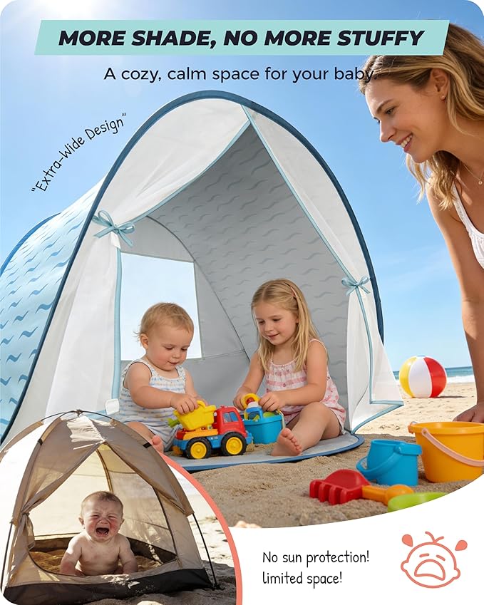 Baby Beach Tent 2026 Upgrade Pop Up UPF 50+ UV Protection Sun Shelter Canopy with Mosquito Net Portable Outdoor Shade Summer Essentials for Babies &amp Toddlers- Blue