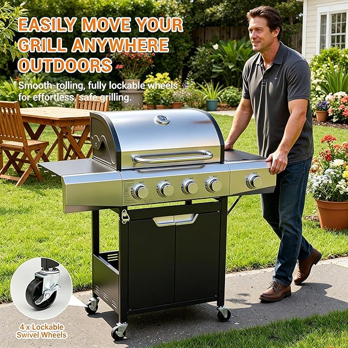 EUHOME 51000 BTU 4-Burner Propane Gas Grill with Side Burner – Large 452 sq.in Stainless Steel BBQ Grill Enameled Cast Iron Grates 4 Swivel Casters &amp Protective Cover for Backyard Patio Family