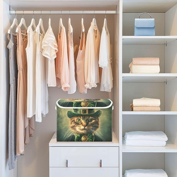 Storage Cube with Lid Saint Patrick’s Day Cat Print 16.5×12.6×11.8 IN Collapsible Large Capacity Foldable Storage Basket Bin Organizer