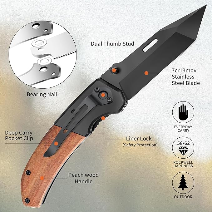 Vickay Pocket Knife Folding Knife with Clip - 3.54″ Steel Blade Wood Handle EDC Knife for Men &amp Women Outdoor Camping Hunting Hiking Fishing - Father’s Day Gift (Black)