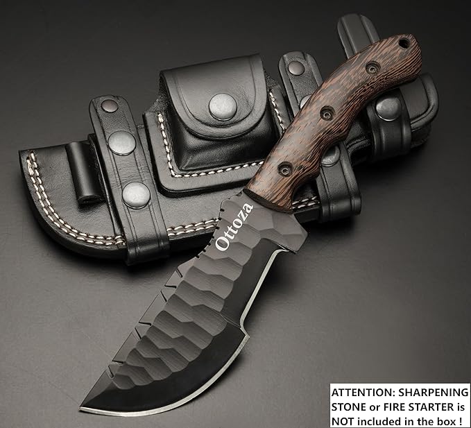 Ottoza 1095 Carbon Steel Tracker Knife with Horizontal Carry Leather Sheath – Full Tang Fixed Blade Survival Knife for Outdoors and Wenge Wood Handle 412
