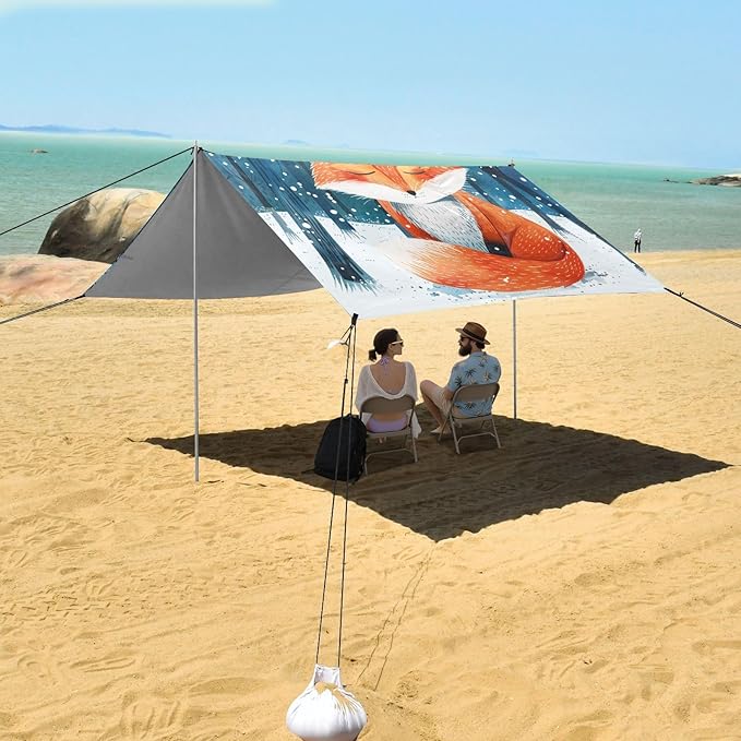 ALAZA Fox Winter in Forest Beach Tent Sun Shelter Portable Canopy Sunshade for Outdoor Camping Picnics Backyard Fun 10x9 ft