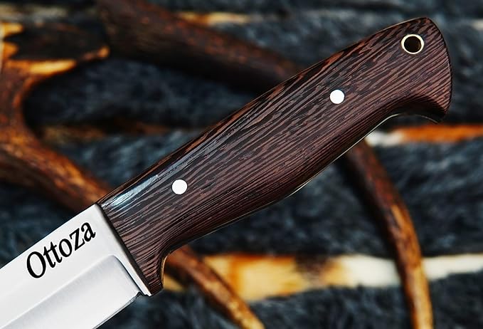 Ottoza Full Tang Bushcraft Knife with 1095 Carbon Steel Fixed Blade - Survival and Outdoor Camping Knife - Wenge Wood Handle Brown Leather Sheath 428