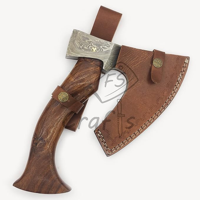 AXE002 FS Crafts 9.00 Damascus Fist Axe (Palm-Sized) Custom And Hand Forged Damascus Hunting Viking Axe Beard Axe Hatchet Wood Handle With Leather Sheath Everyday Carry Hunting Viking Axe 47 Axe