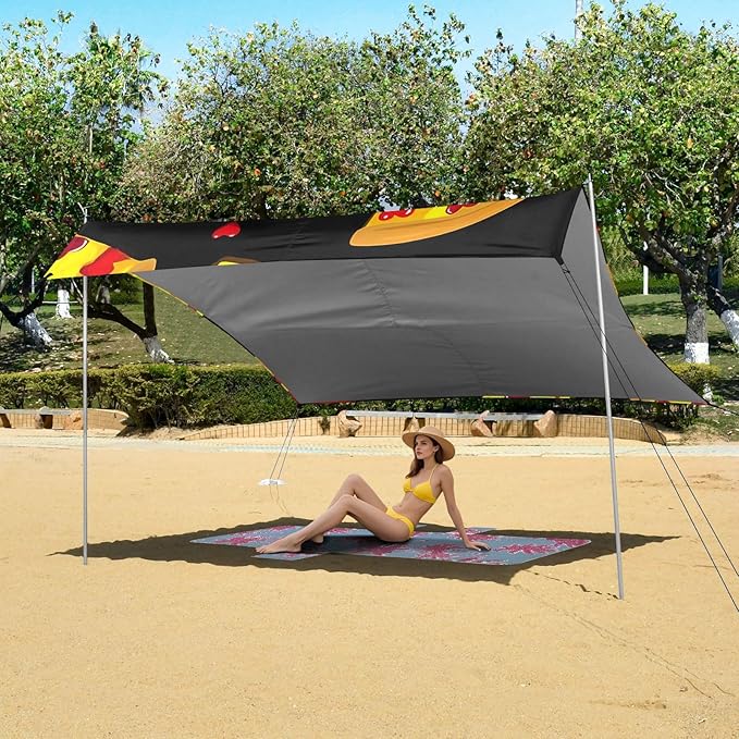 ALAZA Pizza Red Heart Pattern Beach Tent Sun Shelter Portable Canopy Sunshade for Outdoor Camping Picnics Backyard Fun 10x9 ft