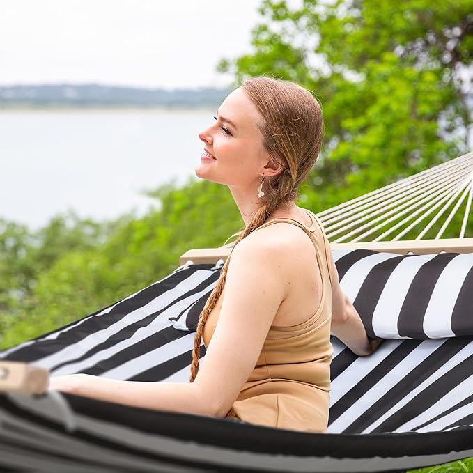 SUNCREAT Double Quilted Hammock with Hardwood Spreader Bar Extra Large Soft Pillow Heavy Duty 2 Person Hammock for Indoor Outdoor Black Stripes