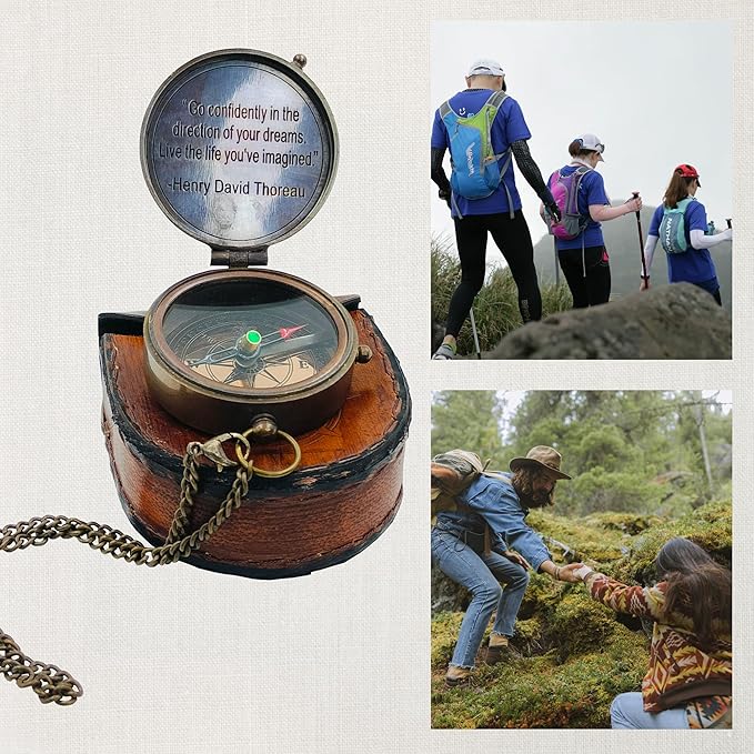 Brass Compass with “Go Confidently in the Direction of Your Dreams” Quote by Thoreau – Leather Case Gift for Graduation Baptism Student Grandson Hiking Trekking Motivation &amp Adventure