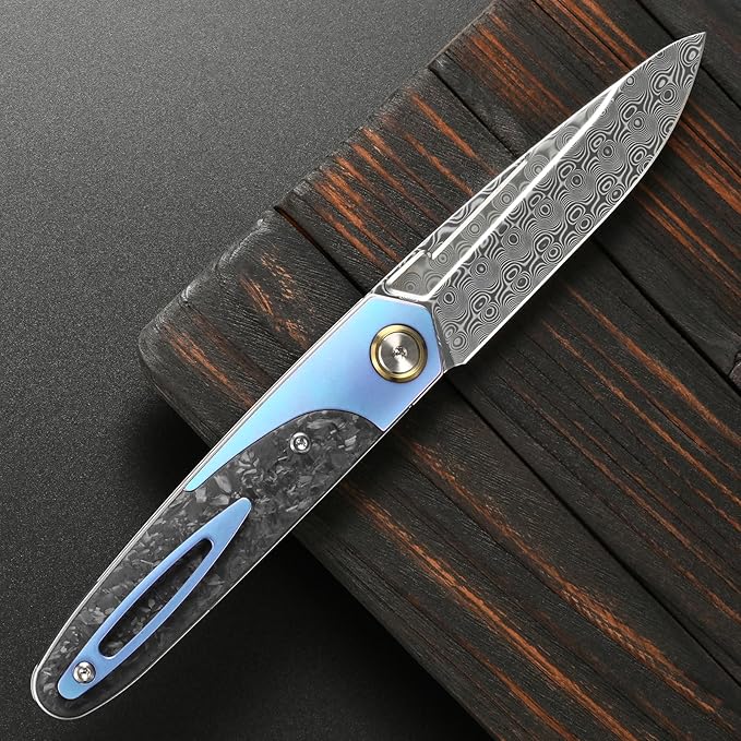 Sitivien ST245 Damascus Steel Folding Knives with Liner Lock Ball BearingTitanium Carbon Fiber Handle EDC Damascus Knife for Men Women(Blue)