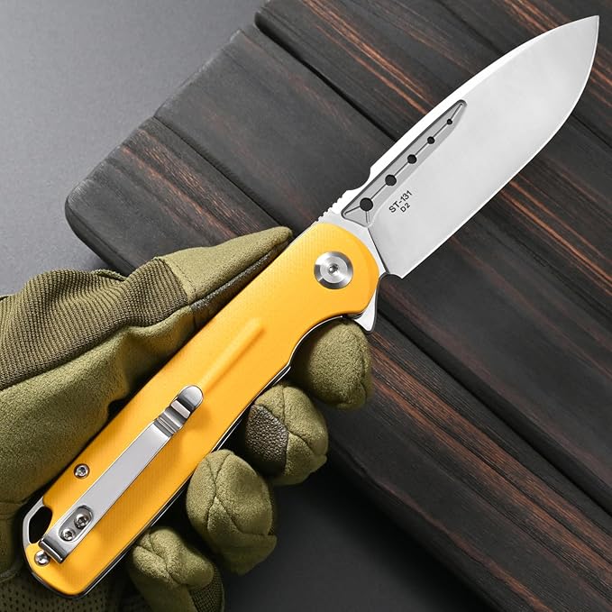 Sitivien ST131 Folding KnifeD2 Blade G10 Handle EDC Tool Knife with Liner Lock for Outdoor Camping Hiking Fishing(Yellow)