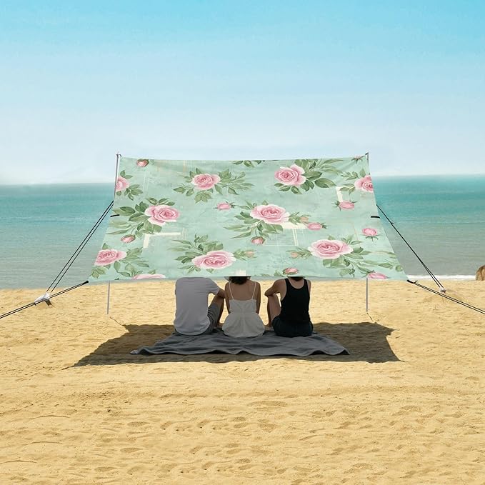 xigua Rose Beach Tent Sun Shelter with Carrying Bag - Silver Coated Oxford Fabric Beach Canopy for Beach Camping Fishing - Includes Windproof Ropes Sandbags &amp Stakes