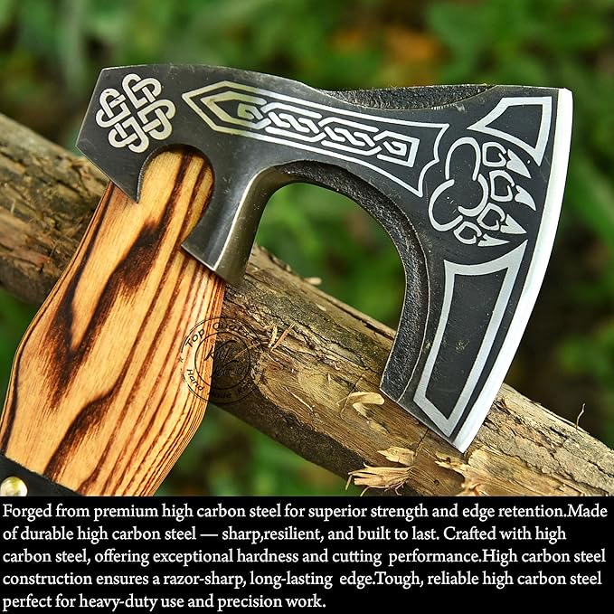 Hand-Forged Engraved Viking Axe Outdoor Camping Hunting Norse Hatchet Axe with Leather-Wrapped Handle &amp Sheath Great for Birthdays Gift Holidays Christmas or Weddings Gift (AXE-04)