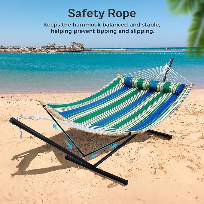 SUPERJARE Curved-Bar Hammock with Stand 2 Person Heavy Duty Hammock Frame Detachable Pillow &amp Portable Carrying Bag Perfect for Outdoor &amp Indoor Green Bold Stripe