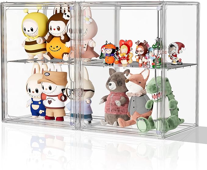 Acrylic Clear Display Case Stackable Plastic Storage Bins with Shelf Figure Figurine Hobby Display Case with Magnetic Lid Large Acrylic Display Box for Collectibles Figures 2 Pack