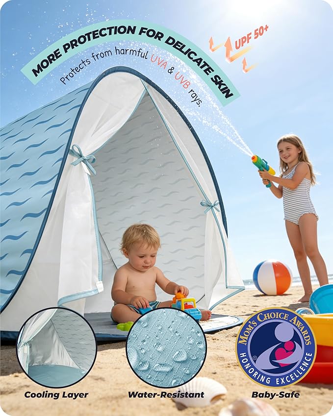 Baby Beach Tent 2026 Upgrade Pop Up UPF 50+ UV Protection Sun Shelter Canopy with Mosquito Net Portable Outdoor Shade Summer Essentials for Babies &amp Toddlers- Blue