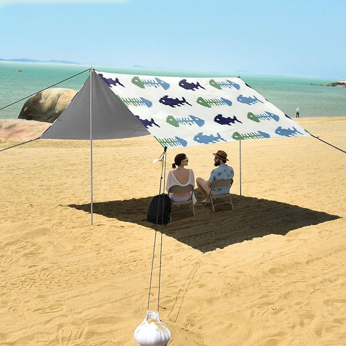 xigua Fish Beach Tent Sun Shelter with Carrying Bag - Silver Coated Oxford Fabric Beach Canopy for Beach Camping Fishing - Includes Windproof Ropes Sandbags &amp Stakes