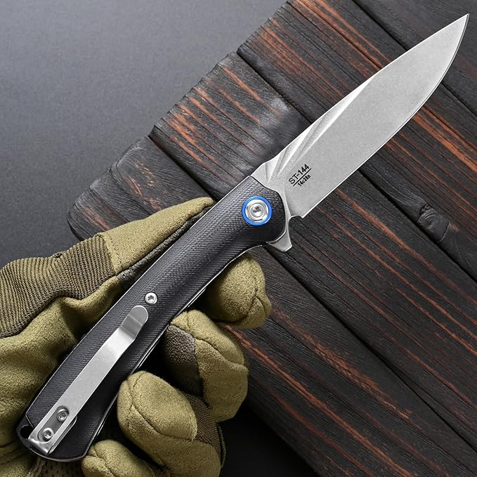 Sitivien ST144 Folding Knife14C28N Steel BladeG10 Handle Pocket Knife for Outdoor EDC CampingSurvivalHikingFishing(Black)
