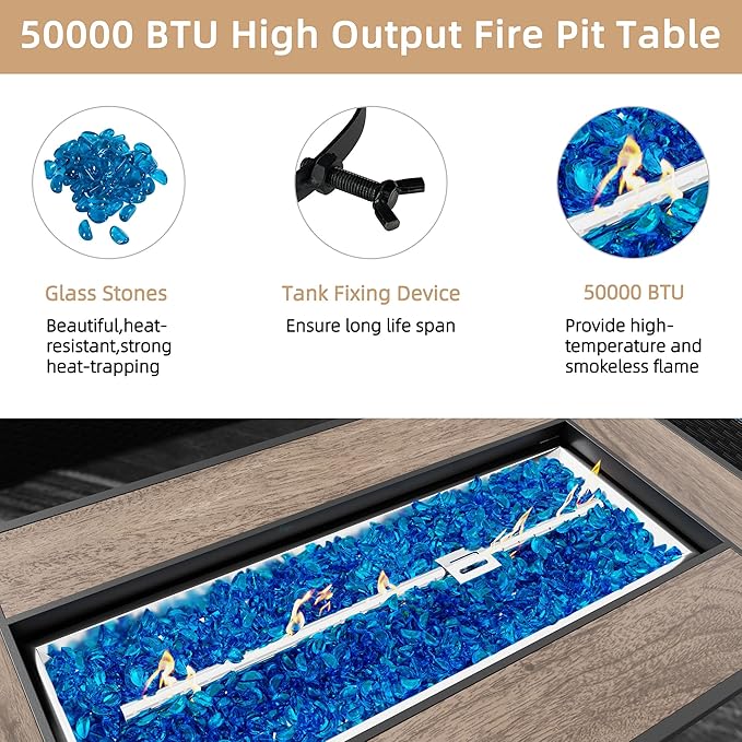 45 Inch Propane Fire Pit Table 50000 BTU Outdoor Gas Fire Pit for Patio &amp Backyard 2-in-1 Firepit Dining Table with Glass Wind Guard Blue Glass Rocks &amp Waterproof Cover Walnut