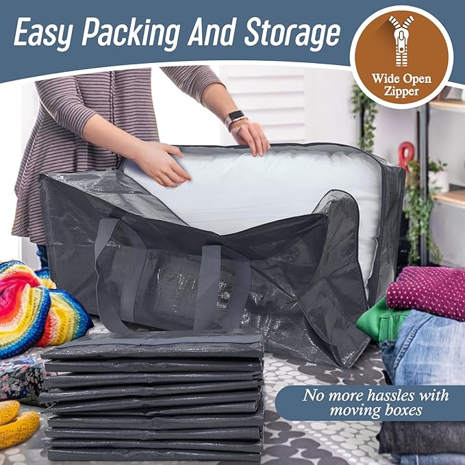 12 Pack Extra Heavy Duty Large Moving Bags with Strong Zipper &amp Comfortable Handles Sturdy &amp Durable Clothes Storage Bags Totes Bins Packing Moving Boxes for College Supplies Gray