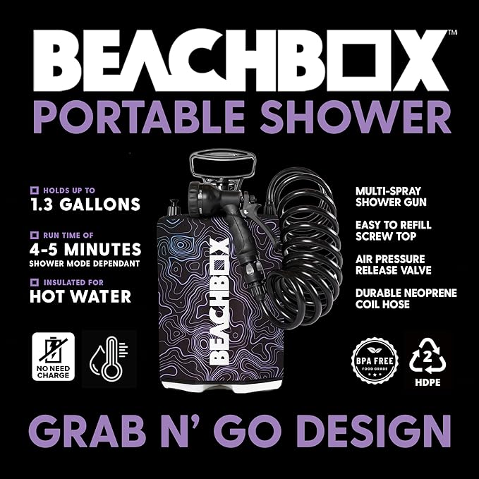 BeachBox Portable Shower Tank – Insulated Hot &amp Cold Water Tank for Camping Beach &amp Outdoor Adventures – 1.3 Gal Capacity – Multi-Spray Shower Gun – Easy Fill &amp Carry