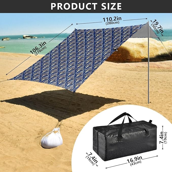 ALAZA Art Deco Floral Royal Blue &amp Gold Beach Tent Sun Shelter UPF50+ Protection Beach Shade Canopy w/ 4 Sandbags for Outdoor Camping Fishing Backyard Fun Picnic 10x9 ft