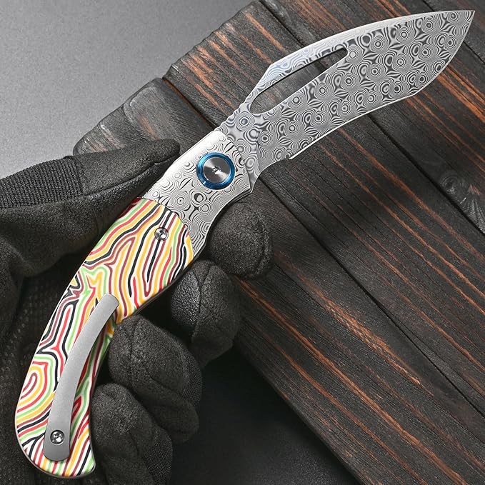 Sitivien ST270 Folding Knife Damascus Steel Blade Colorful G10 &amp Damascus Handle with Ball Bearing for Men Women Outdoor Camping Hiking Fishing(Yellow)