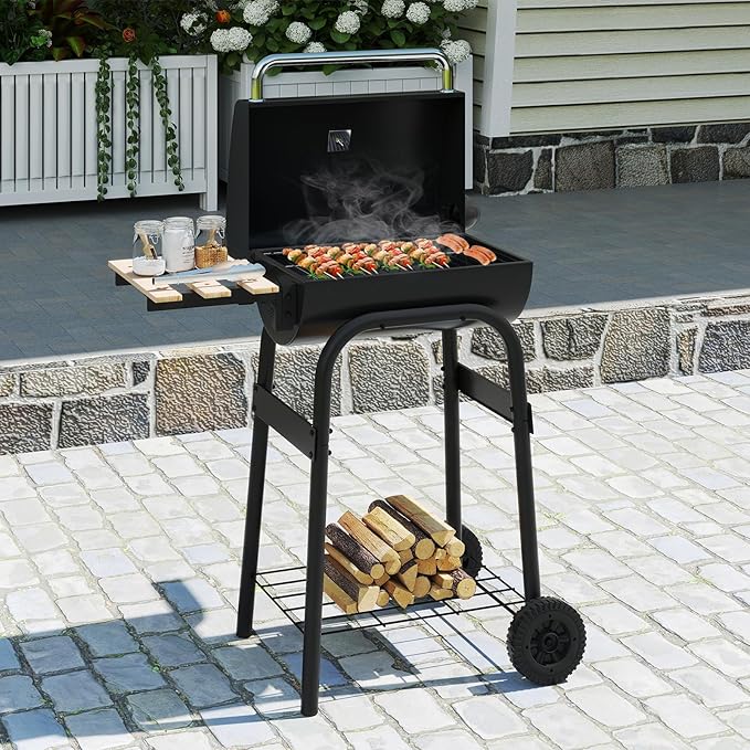Giantex Portable Charcoal Grill with Foldable Side Table Outdoor BBQ Smoker Grill with Wheels Thermometer Adjustable Air Vent Bottom Shelf Barrel Barbecue Grills for Patio Camping &amp Tailgate