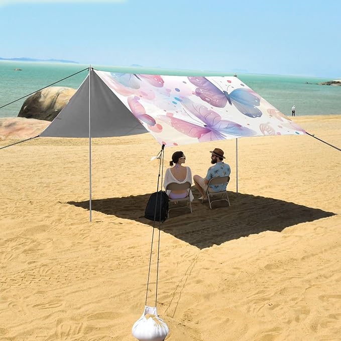 ALAZA Pink &amp Blue Butterfly Beach Tent Sun Shelter UPF50+ Protection Beach Shade Canopy w/ 4 Sandbags for Outdoor Camping Fishing Backyard Fun Picnic 10x9 ft