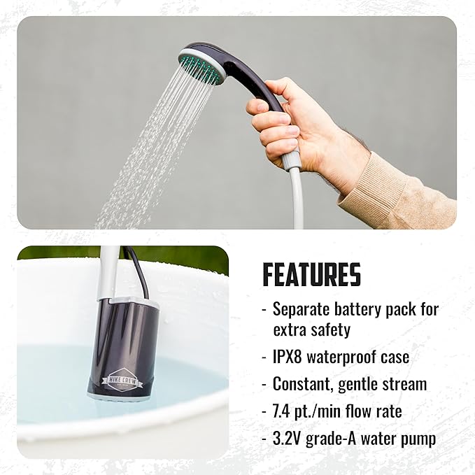 Hike Crew Portable Battery-Operated Shower with LED Light | Outdoor Camping Handheld Shower Head with 70-Min Rechargeable Battery Water Purifying Pump 6-Ft Hose &amp Hands-Free Suction Cup Hook Mou
