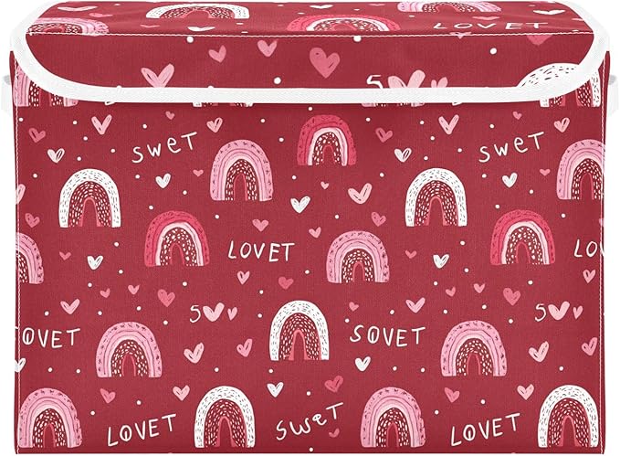 Valentine Hearts Rainbows Red Storage Box with Lid 1 PC Foldable Storage Bin with Lids Stackable Storage Bins Cube Closet Organizer Basket with Flip-Top Lid &amp Handles for Shoes Books Towels