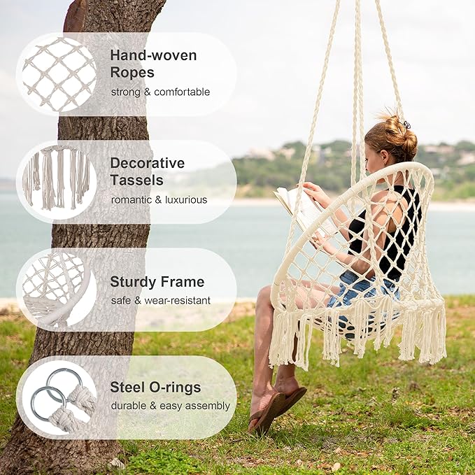 SUNCREAT Hammock Chair Macrame Swing with Side Pocket Hanging Cotton Rope Hammock Swing Chair for Indoor and Outdoor Use 330 lbs Capacity Beige