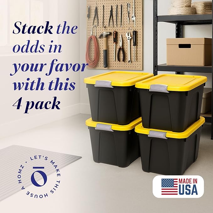 Homz 22-Gallon Durabilt Plastic Stackable Home Office Garage Storage Organization Container Bin w/Latching Lid and Handles Black/Yellow (4 Pack)