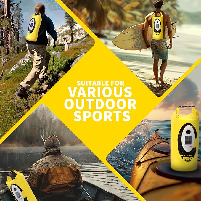 FELICON Solar/Battery Powered Multi-Functional Backpack with Bluetooth SpeakerIP66 Waterproof Dry BagHeavy Duty Roll Top ClosureLarge Capacity Bag for CampingHikingTraveling (Yellow 10L)