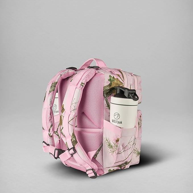 WOLFpak 15L Slim Tactical Gym Backpack (Realtree APX Flushing Pink) Durable 1000D Waterproof Oxford Material | Minimalist Daypack w/Laptop Pocket &amp Dual Cup Holders |