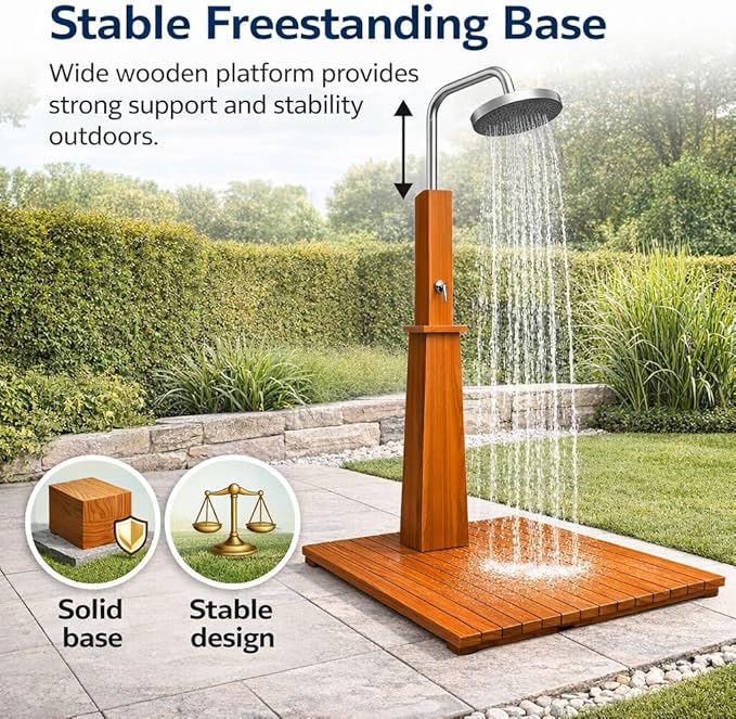 Ergode Height-Adjustable Outdoor Shower | Eucalyptus Wood and Steel | Pool Showers for Outside | Freestanding Outdoor Shower | Portable Shower for Camping