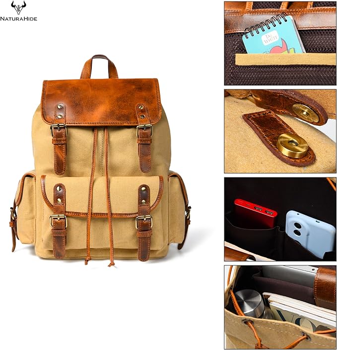 Leather Canvas Backpack Durable Vintage Large Travel Laptop Bag for Men &amp Women Work Hiking School (Tan)