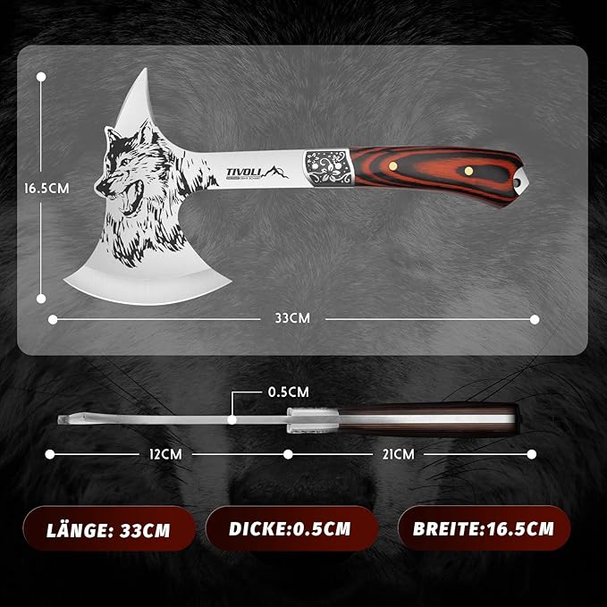 TIVOLI 13 Camping Axe Wolf - Patterned Survival Hatchet with Nylon Sheath High Carbon Steel Blade Compact Outdoor Bushcraft Axe with Ergonomic Wood Grip Camping Gear for Hiking Chopping Hunting