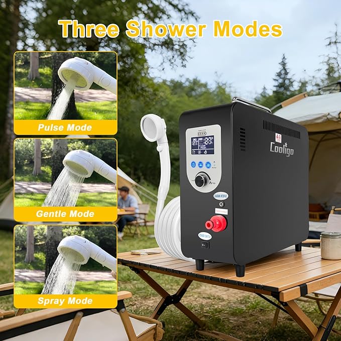 Portable Propane Water Heater for Camping Shower 40900 BTU 4500mAh Rechargeable Battery Tankless Water shower for Outdoor Shower with Pump Table Top Camp Water Heater for Camping and Vacationing