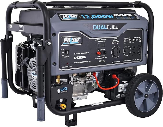 Pulsar G12KBN-SG Heavy Duty Portable Dual Fuel Generator - 9500 Rated Watts &amp 12000 Peak Watts - Gas &amp LPG - Electric Start - Transfer Switch &amp RV Ready - CARB Compliant