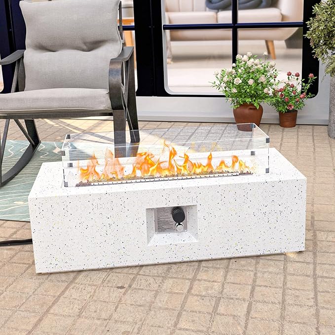 HOMPUS Outdoor Propane Fire Pit 50000 BTU 42-inch x 17-inch Rectangle Concrete Gas Fire Table Outside Smokeless Firepit Furniture with Wind GuradLava Rocks and Rain Cover for GardenDeckBackyard