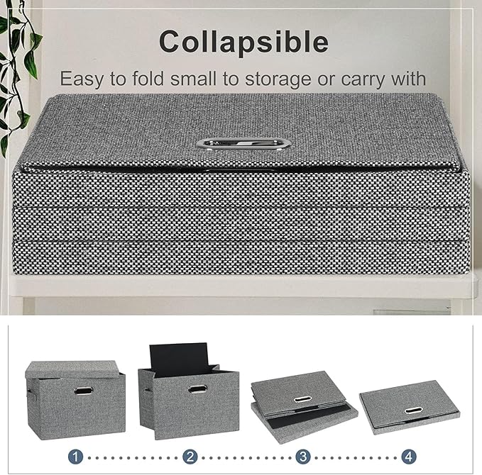 Graciadeco Large 17 36 Quart Collapsible Stackable Storage Bins with Lids 3 Packs Black and White Mix Linen Fabric Closet Boxes with Lids Storage Cube Baskets Container Organizers (17x12x11)