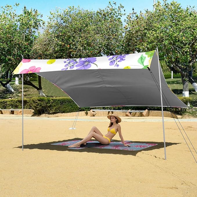 Beach Canopy with Windproof Ropes &amp Sandbags Beach Tent Sun Shade Sun Shelter for Camping Trips Fishing Backyard Fun or Picnics Flowers