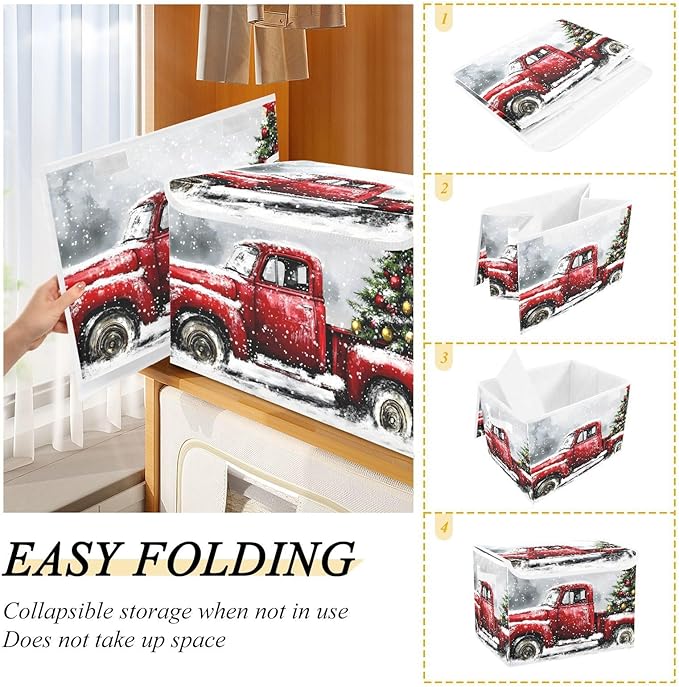 Collapsible Storage Bins Truck Christmas Tree with Lids &amp Handles Foldable Storage Boxes Basket with Flip-Top Lid for Home Office 16.5” x 12.6” x 11.8”