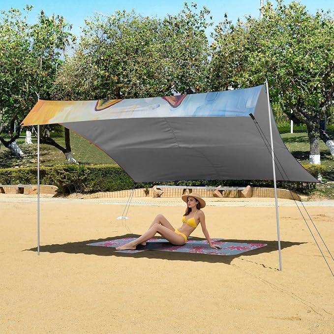 ALAZA Fox Rainbow Painting Beach Tent Sun Shelter UPF50+ Protection Beach Shade Canopy w/ 4 Sandbags for Outdoor Camping Fishing Backyard Fun Picnic 10x9 ft