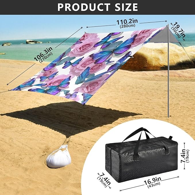 ALAZA Purple Butterflies Rose Flowers Beach Tent Sun Shelter UPF50+ Protection Beach Shade Canopy w/ 4 Sandbags for Outdoor Camping Fishing Backyard Fun Picnic 10x9 ft