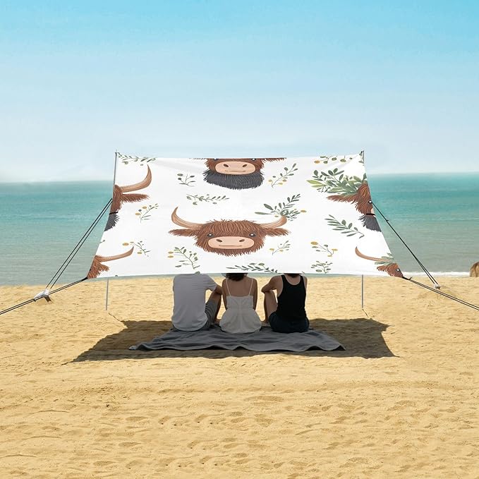 ALAZA Cartoon Highland Cattle Leaves Pattern Beach Tent Sun Shelter Portable Canopy Sunshade for Outdoor Camping Picnics Backyard Fun 10x9 ft