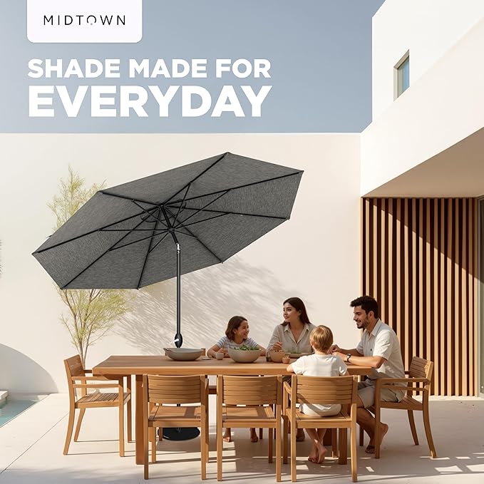 Midtown Umbrellas - 10-Year-No-Fade 6 Ft Patio Umbrella with Terylast Fabric Auto-Tilt Aluminum Frame and 8 Reinforced Ribs for Deck Pool Garden &amp Beach - Greige Canopy Black Pole